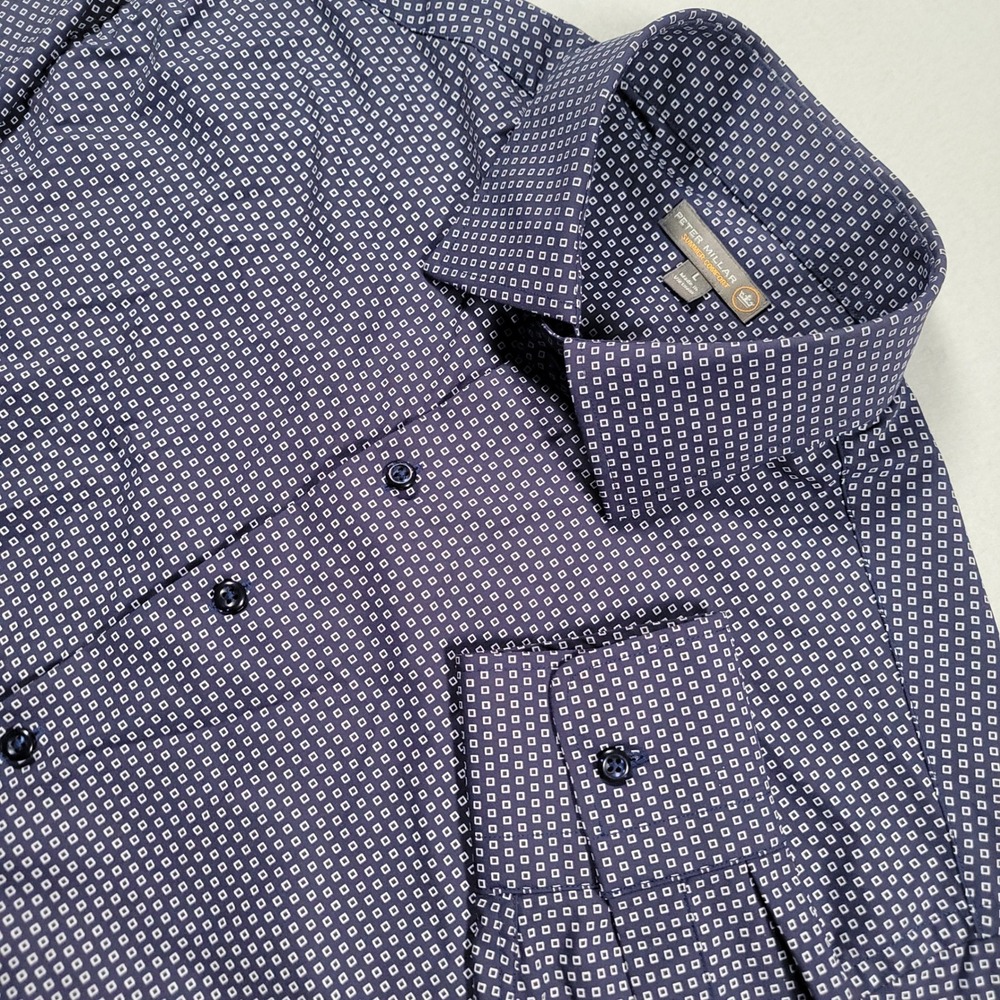 Peter Millar Summer Comfort Shirt Mens L Blue‎ Geometric Performance Micro Print